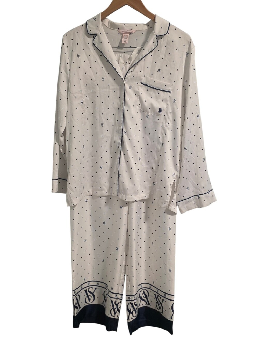 Victoria's Secret 2-Piece Satin Logo Pajama Set Pants & Top Size S Blue & White